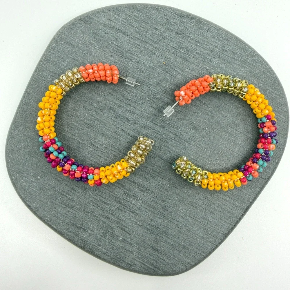 Multicolor Seed Bead Hoop Earrings Gold Tone Boho Festival Statement Pierced